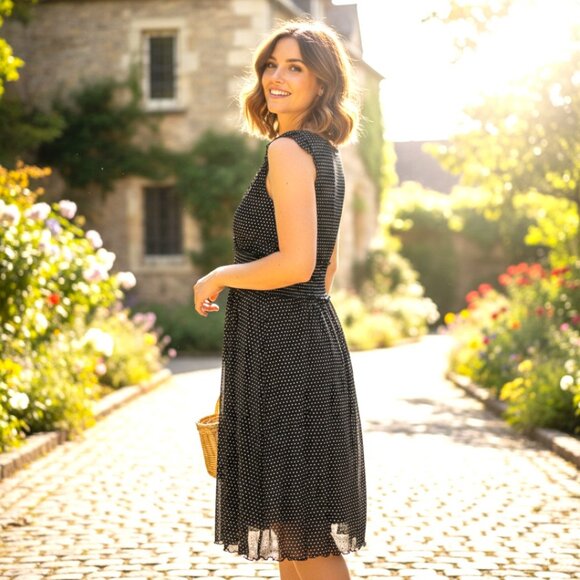 BCBGMaxAzria Black Polka Dot Dress – Mesh Sleeveless Midi M – Lined, Flowy - Picture 2 of 7